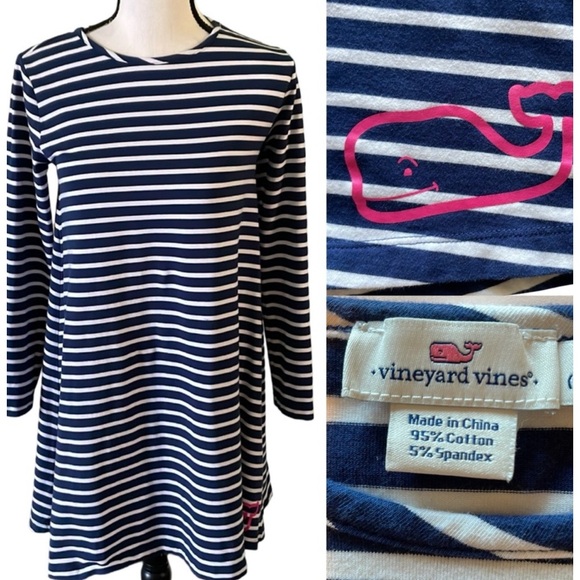 Vineyard Vines Dress Navy White Striped Pink Whale Nautical Girls Size M 10-12 - Picture 1 of 6